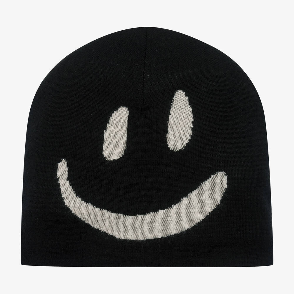 Molo - Black Wool Knit Smiling Face Beanie Hat | Childrensalon