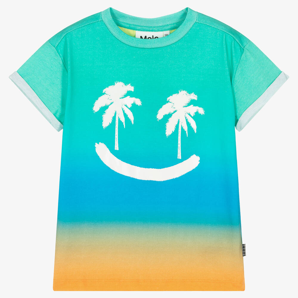 Molo - Blue Boys Green Cotton Smiley T-Shirt | Childrensalon