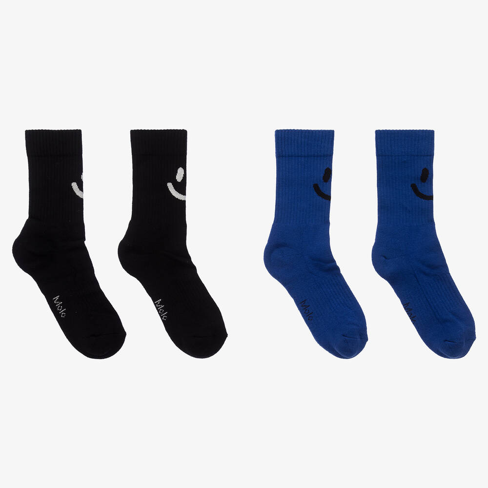 Molo - Blue Cotton Happy Face Socks (2 Pack) | Childrensalon
