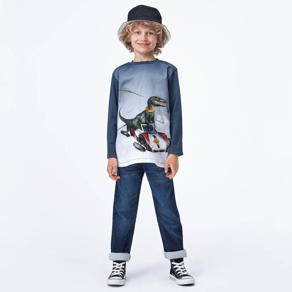 Molo-Blue Organic Cotton Dino Top | Childrensalon Outlet