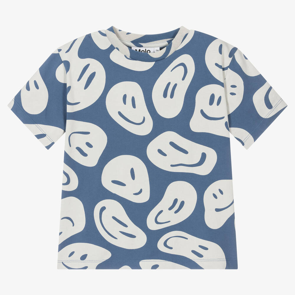 Molo - Blue Smile Print Organic Cotton T-Shirt | Childrensalon