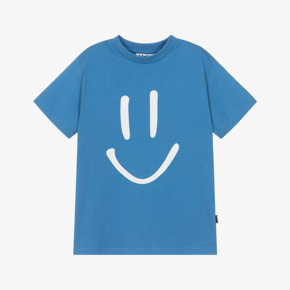 Molo-Blue Smiling Face Organic Cotton T-Shirt | Childrensalon Outlet