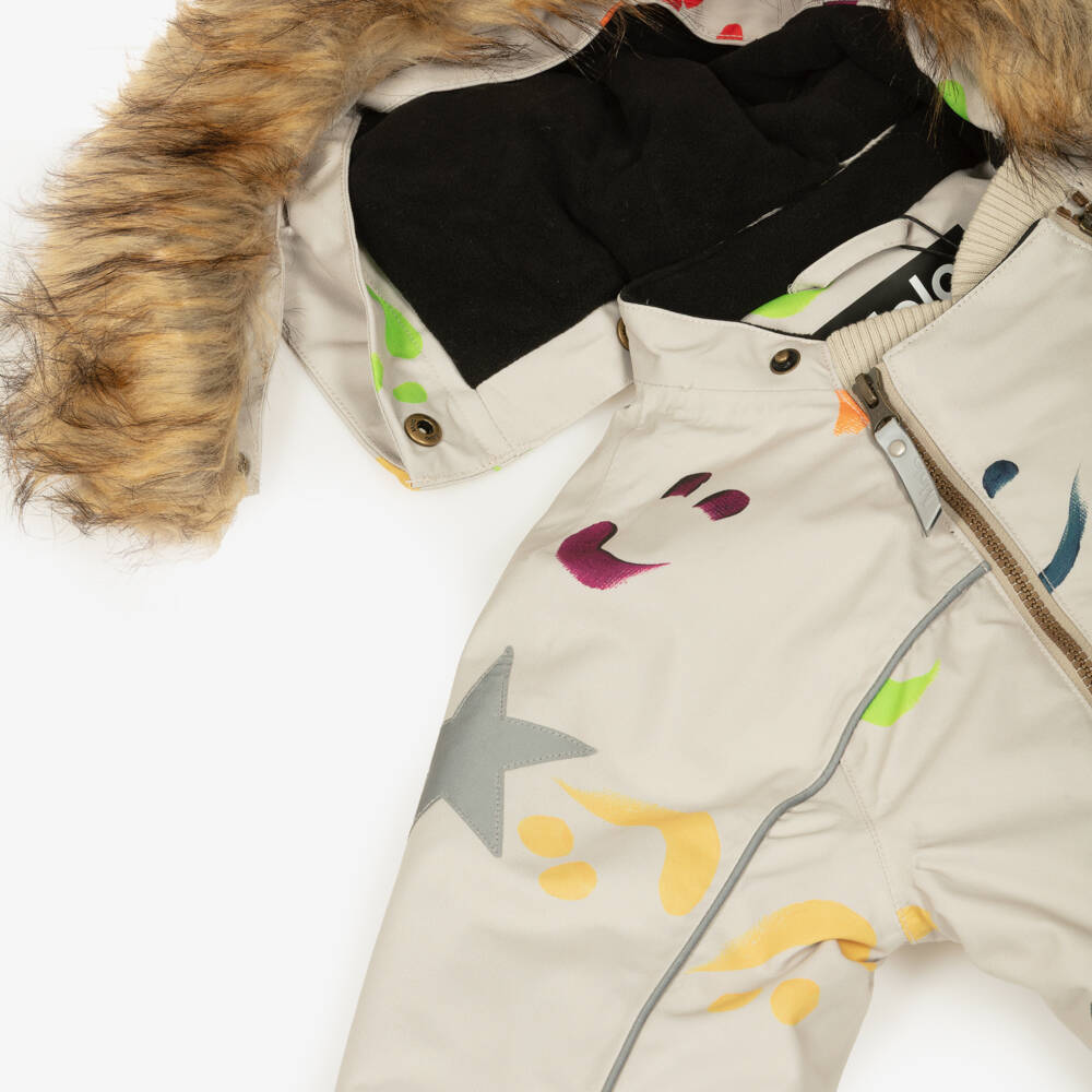 Molo-Boys Beige Hooded Snowsuit with Colourful Smile Print | Childrensalon Outlet