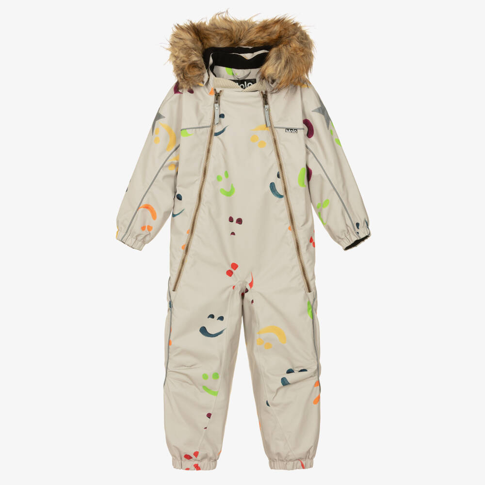 Molo-Boys Beige Hooded Snowsuit with Colourful Smile Print | Childrensalon Outlet