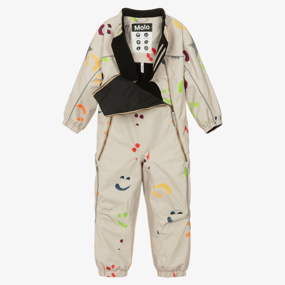 Molo-Boys Beige Hooded Snowsuit with Colourful Smile Print | Childrensalon Outlet