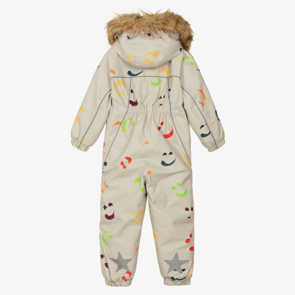 Molo-Boys Beige Hooded Snowsuit with Colourful Smile Print | Childrensalon Outlet