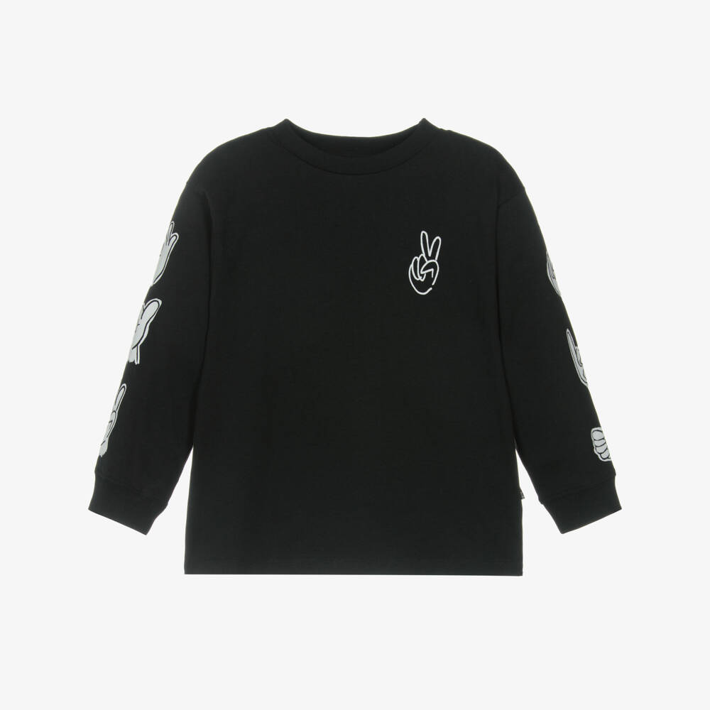 Molo-Boys Black Cotton Long-Sleeve Top with Hand Gestures | Childrensalon Outlet