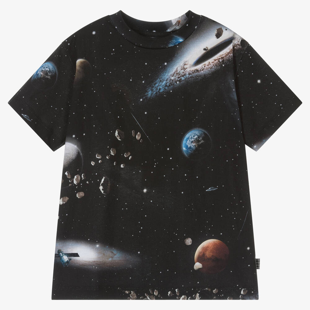 Molo - Boys Black Cotton Space T-Shirt | Childrensalon