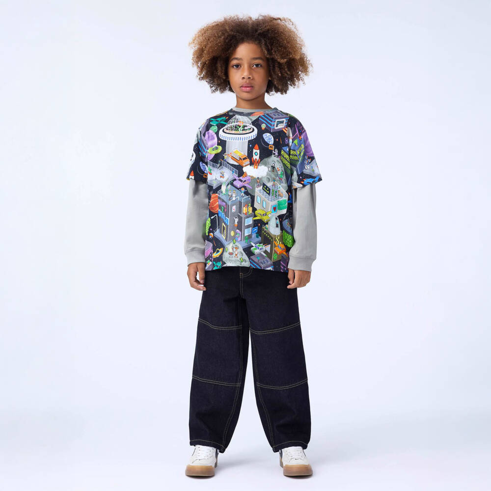Molo-Boys Black Cotton Space-Themed Print T-Shirt | Childrensalon Outlet