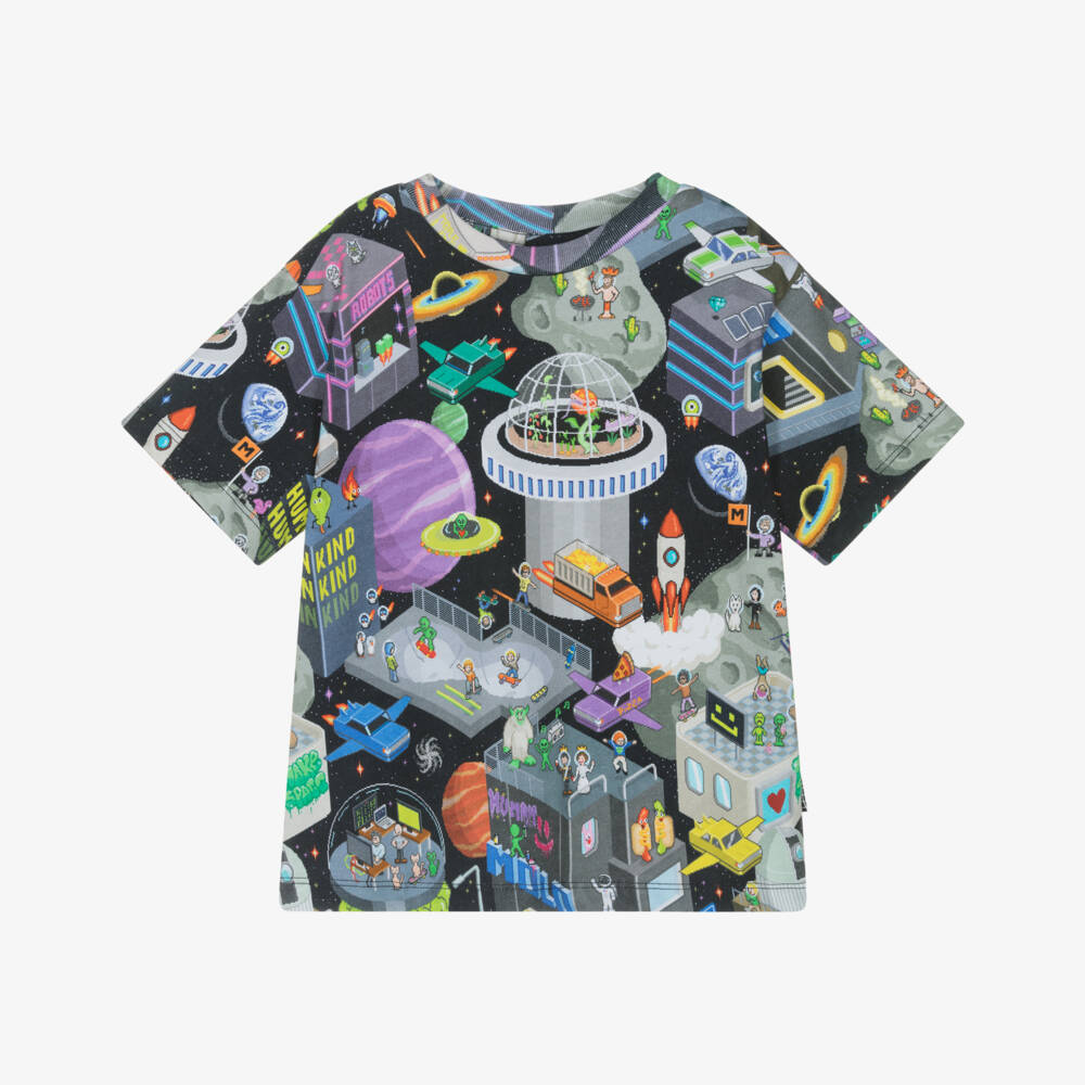 Molo-Boys Black Cotton Space-Themed Print T-Shirt | Childrensalon Outlet