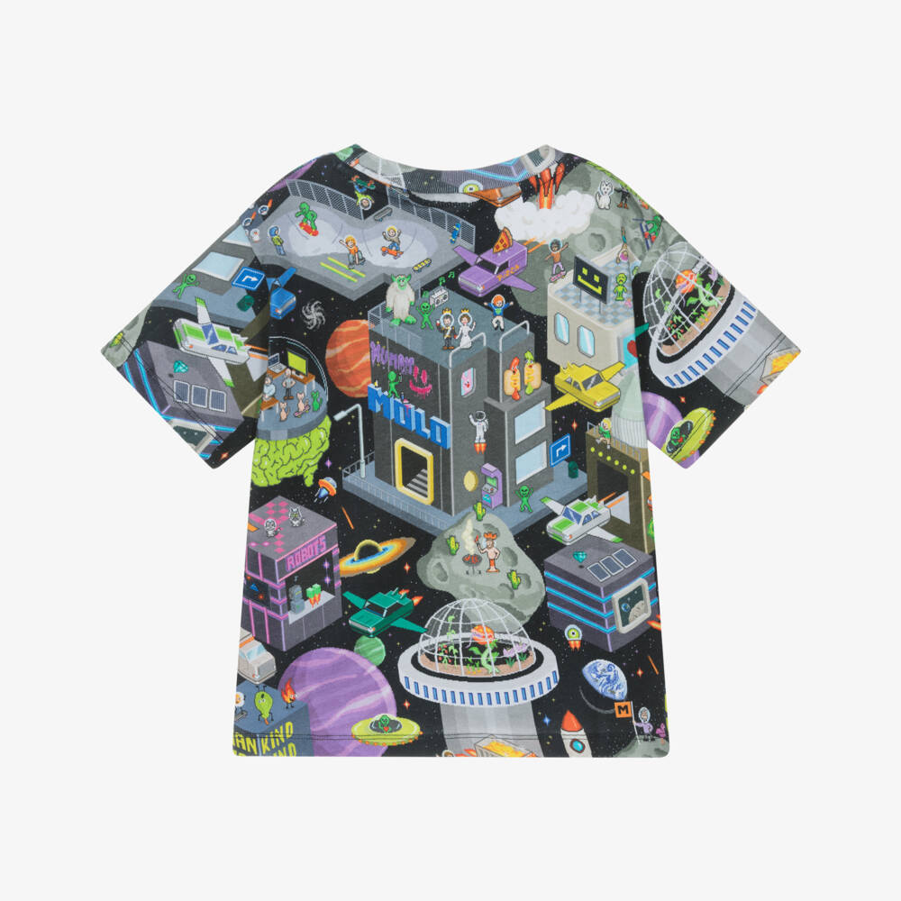 Molo-Boys Black Cotton Space-Themed Print T-Shirt | Childrensalon Outlet