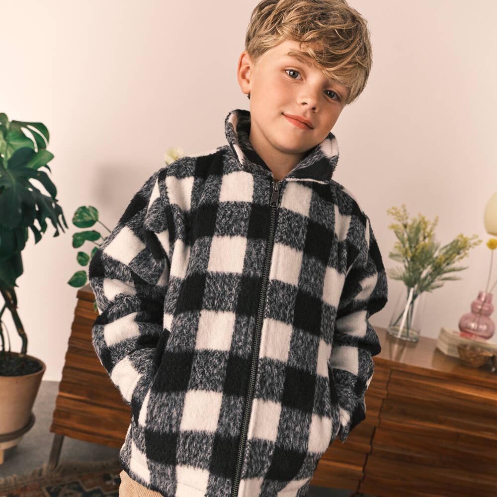 Molo Boys Black White Wool Check Jacket