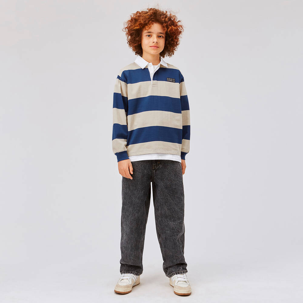 Molo-Boys Blue & Beige Striped Rugby Shirt | Childrensalon Outlet