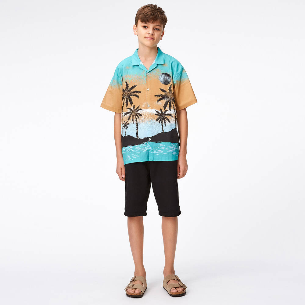 Molo-Boys Blue & Beige Tropical Cotton Shirt | Childrensalon Outlet