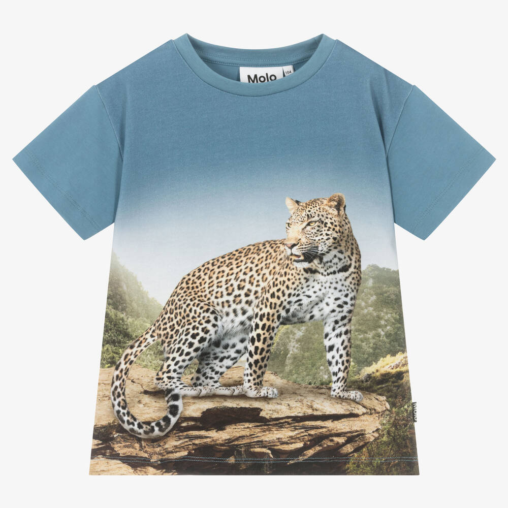 Molo - Голубая хлопковая футболка с леопардом | Childrensalon