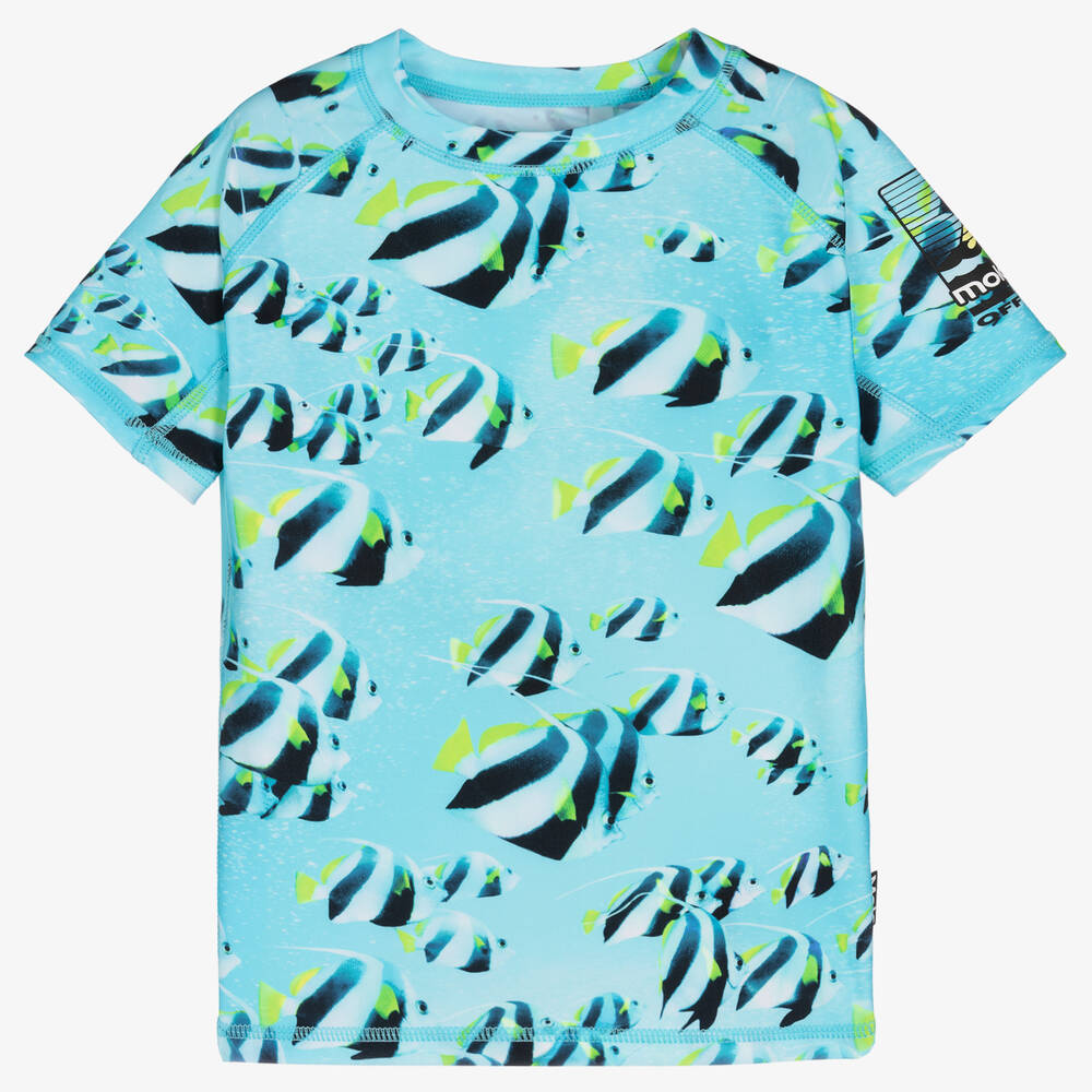 Molo - Boys Blue Fish Print Swim Top (UPF50+) | Childrensalon