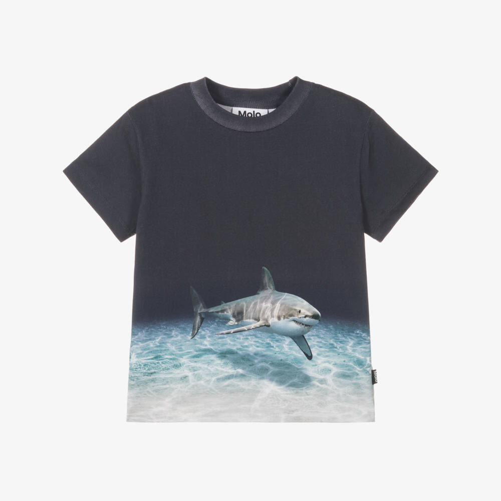 Molo-Boys Blue Shark Print Cotton T-Shirt | Childrensalon Outlet