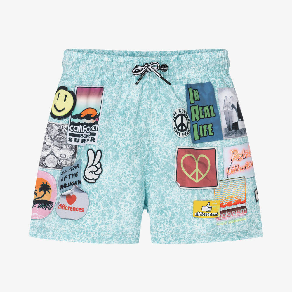 Molo - Boys Blue Sticker Swim Shorts (UPF50+) | Childrensalon