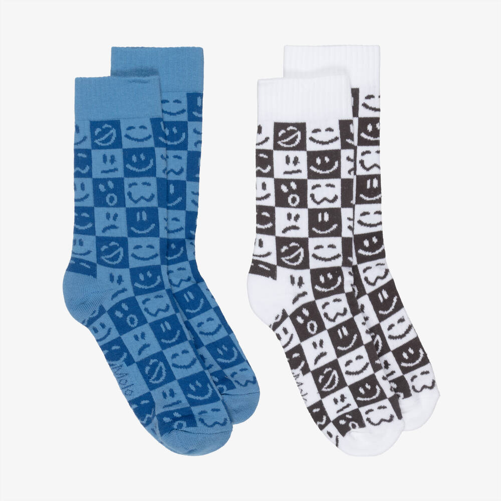 Molo-Boys Blue, White & Black Cotton Checkerboard Socks (2 Pack) | Childrensalon Outlet
