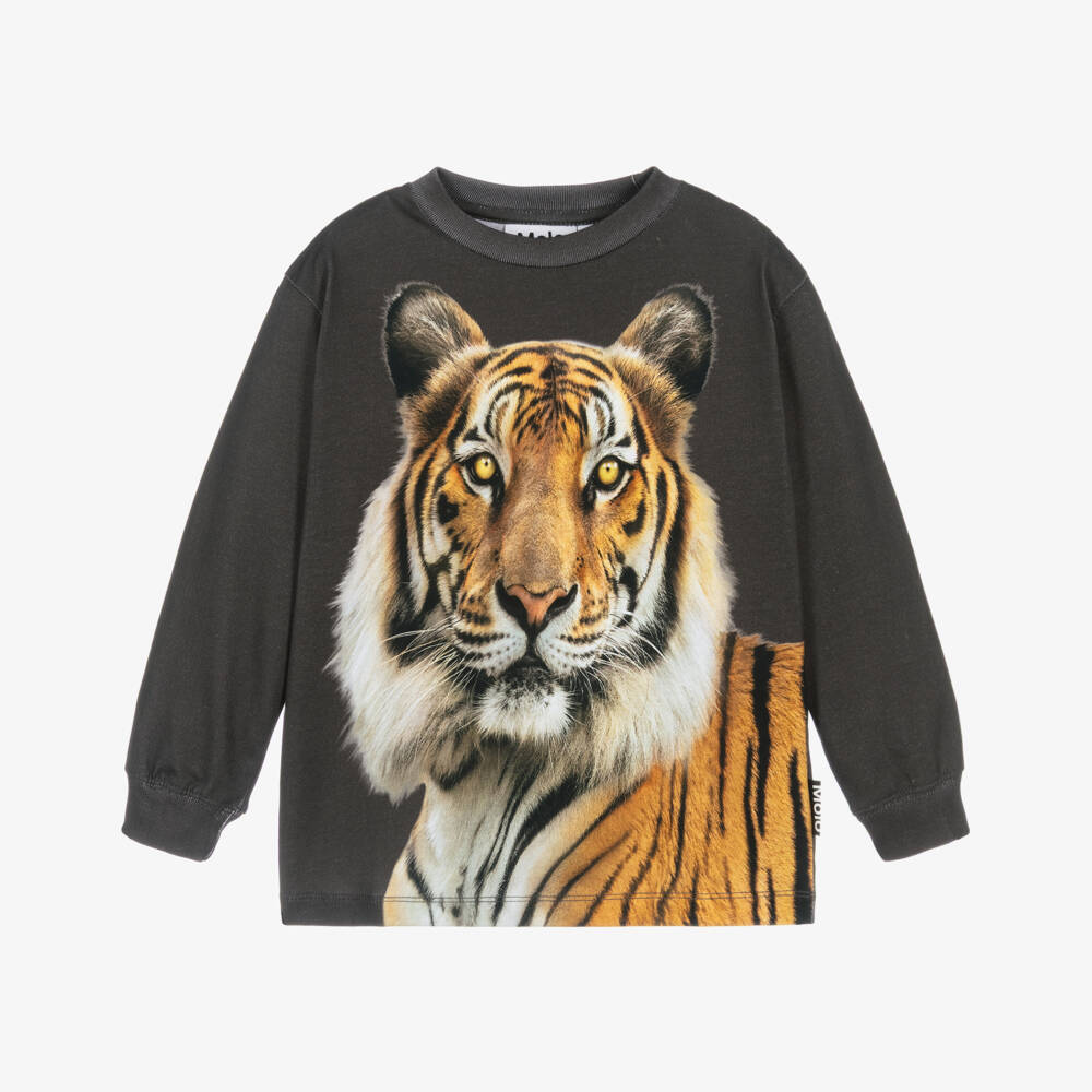 Molo-Boys Dark Grey Cotton Tiger Print Top | Childrensalon Outlet