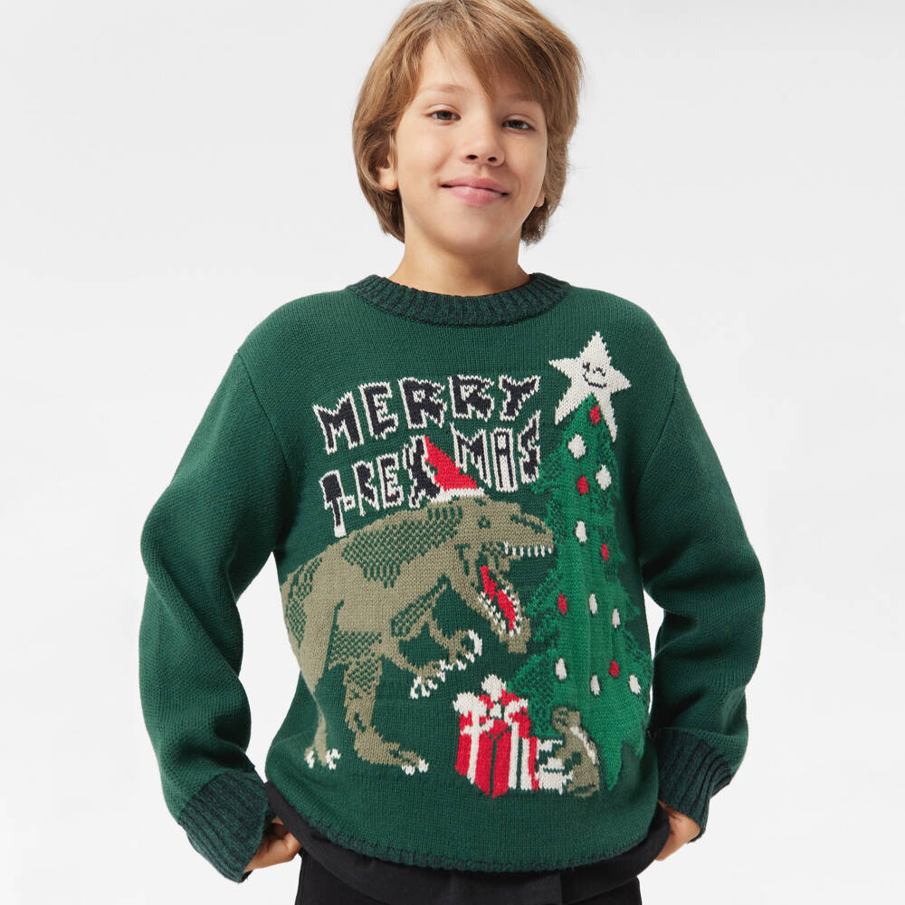 Molo-Boys Festive Green Dinosaur Jumper | Childrensalon Outlet