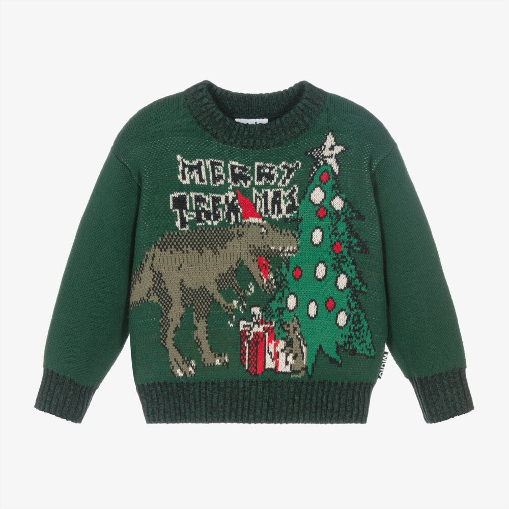 Molo-Boys Festive Green Dinosaur Jumper | Childrensalon Outlet