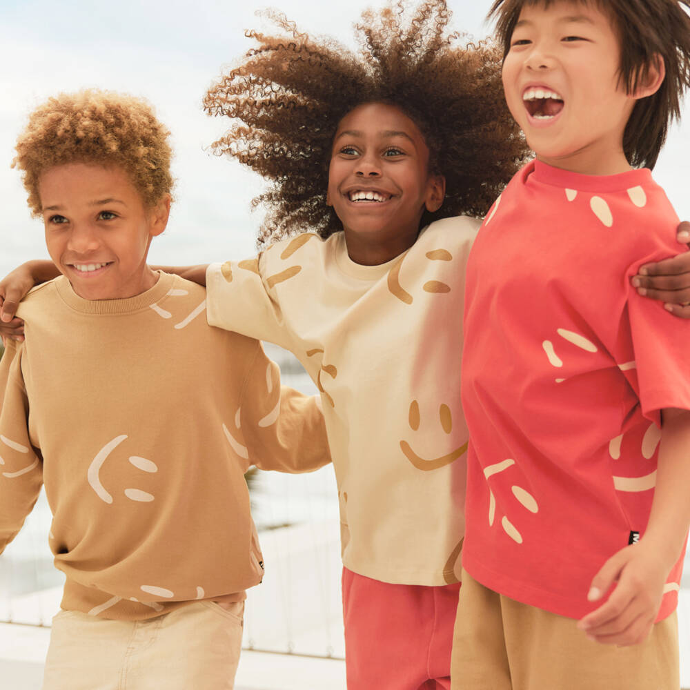 Molo-Boys & Girls Pale Beige Cotton Smiling Face T-Shirt | Childrensalon Outlet