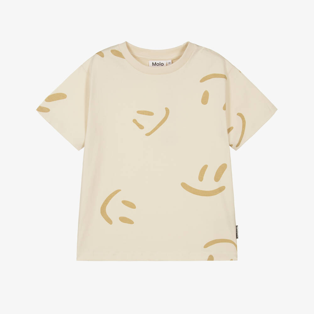 Molo-Boys & Girls Pale Beige Cotton Smiling Face T-Shirt | Childrensalon Outlet