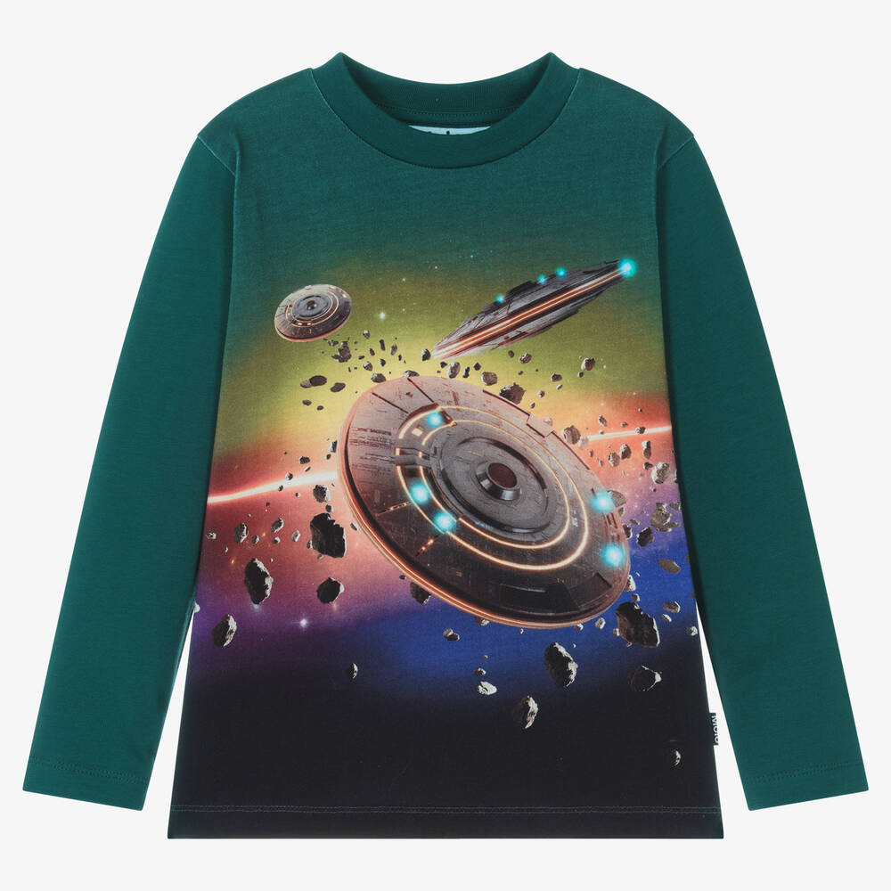 Molo - Boys Green Cotton Space Print Top | Childrensalon