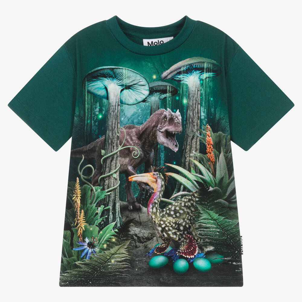 Molo - Boys Green Cotton T-Rex Forest T-Shirt | Childrensalon