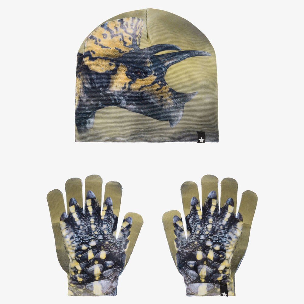 Molo - Boys Green Dinosaur Hat & Gloves Set | Childrensalon
