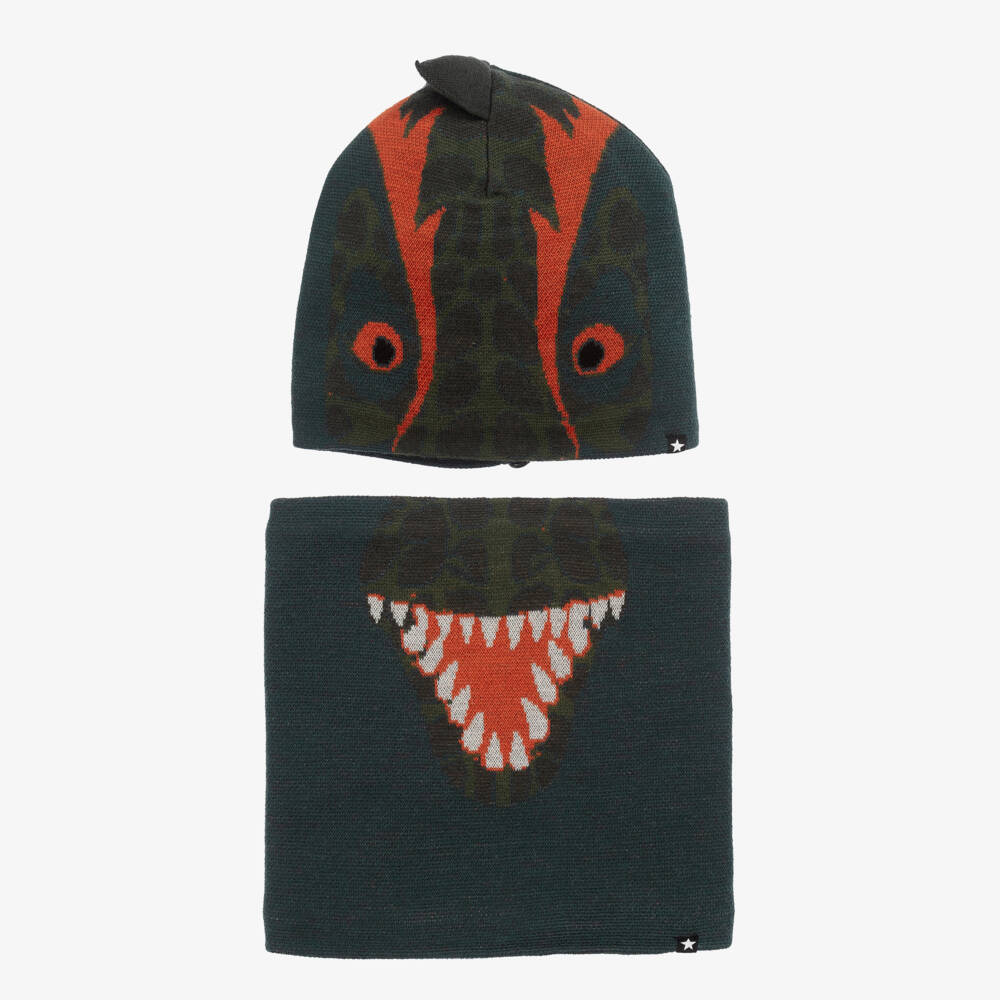 Molo-Boys Green Knit Dinosaur Hat & Snood Set | Childrensalon Outlet