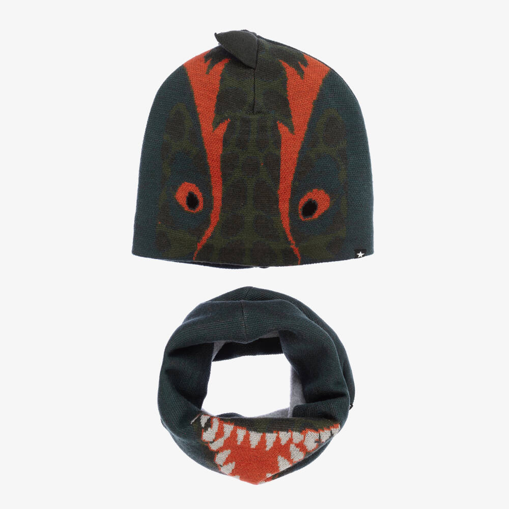 Molo-Boys Green Knit Dinosaur Hat & Snood Set | Childrensalon Outlet