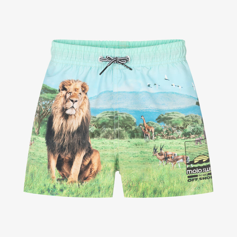 Molo - Boys Green Lion Swim Shorts (UPF50+) | Childrensalon