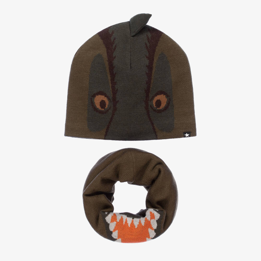 Molo-Boys Green Wool Dinosaur Hat & Snood Set | Childrensalon Outlet