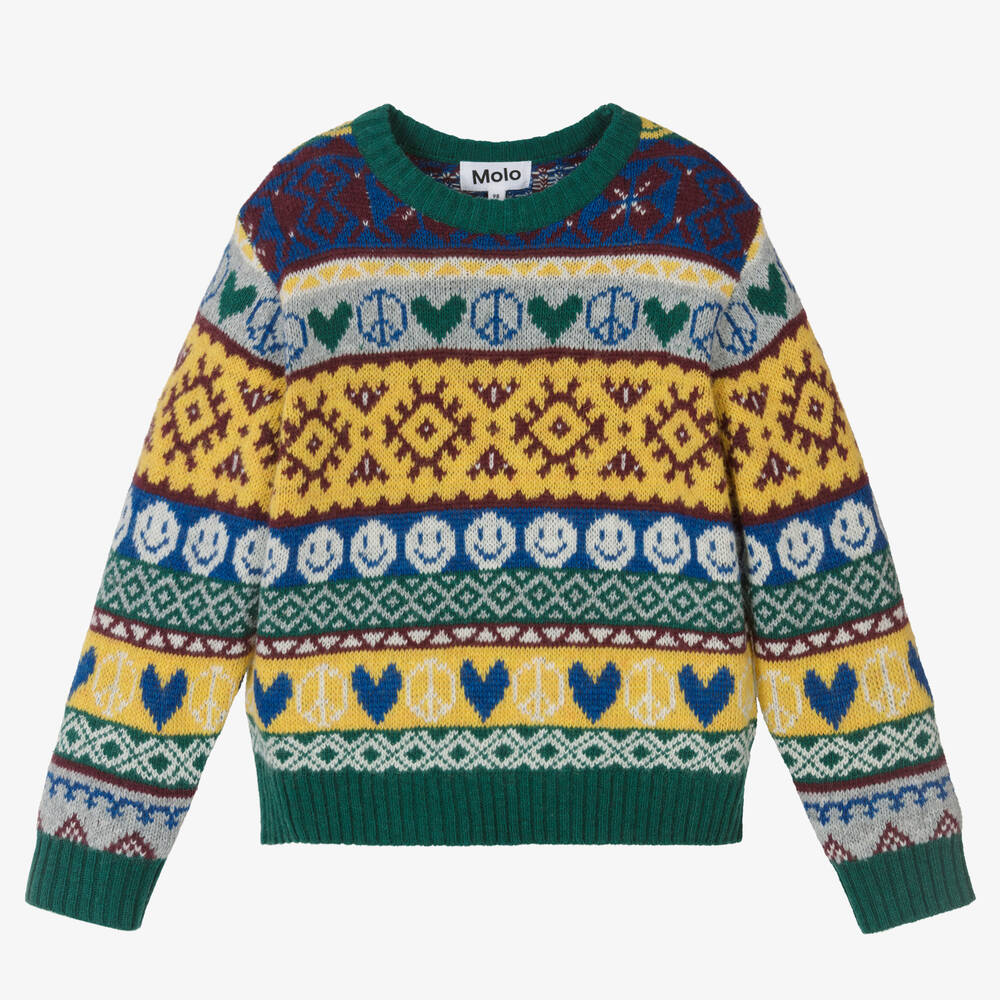 Molo - Boys Green & Yellow Wool Fair Isle Sweater | Childrensalon