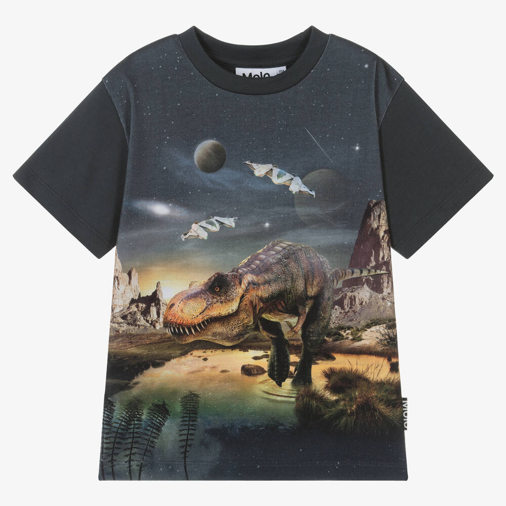 Molo - Boys Grey Cotton T-Rex Planet T-Shirt | Childrensalon