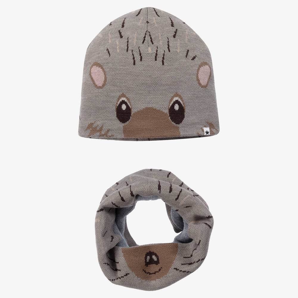 Molo - Boys Grey Wool Hedgehog Hat & Snood Set | Childrensalon