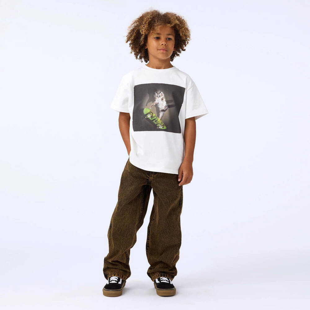 Molo-Boys Ivory Cotton Skateboarding Cat T-Shirt | Childrensalon Outlet