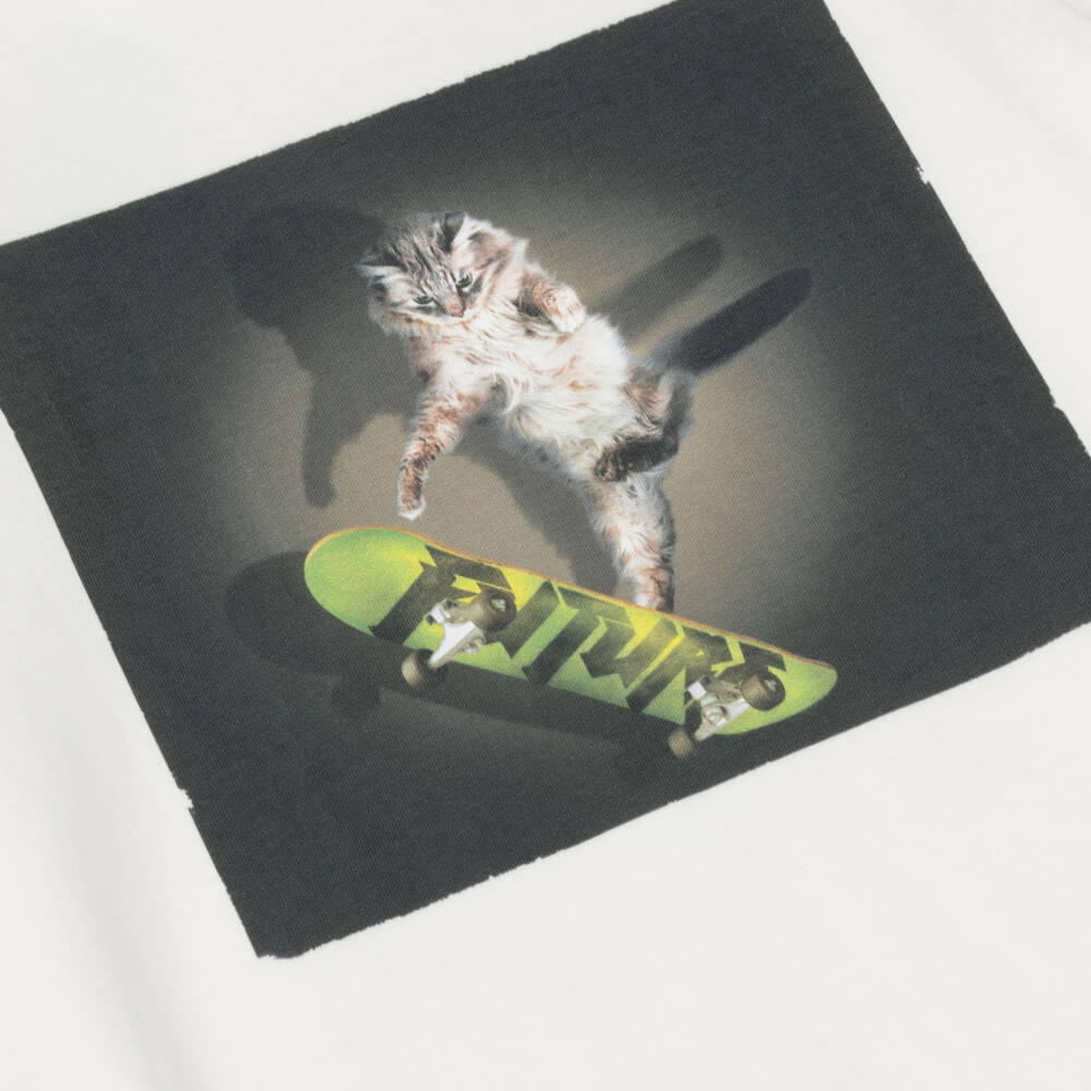 Molo-Boys Ivory Cotton Skateboarding Cat T-Shirt | Childrensalon Outlet