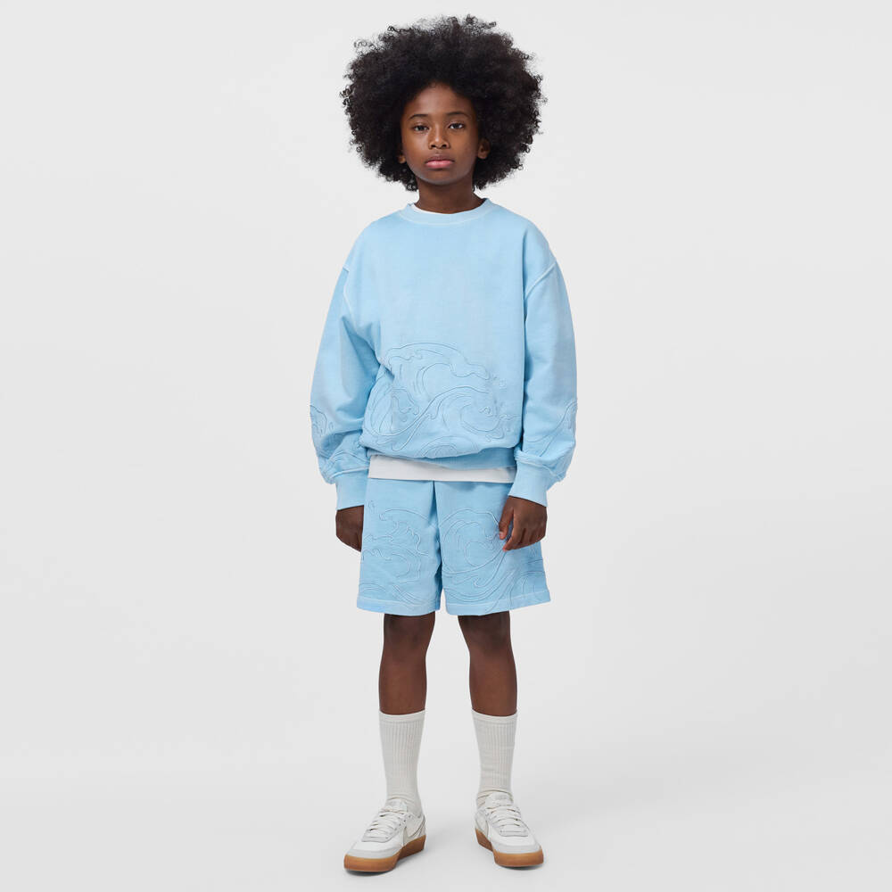 Molo-Boys Light Blue Cotton Embroidered Wave Shorts | Childrensalon Outlet