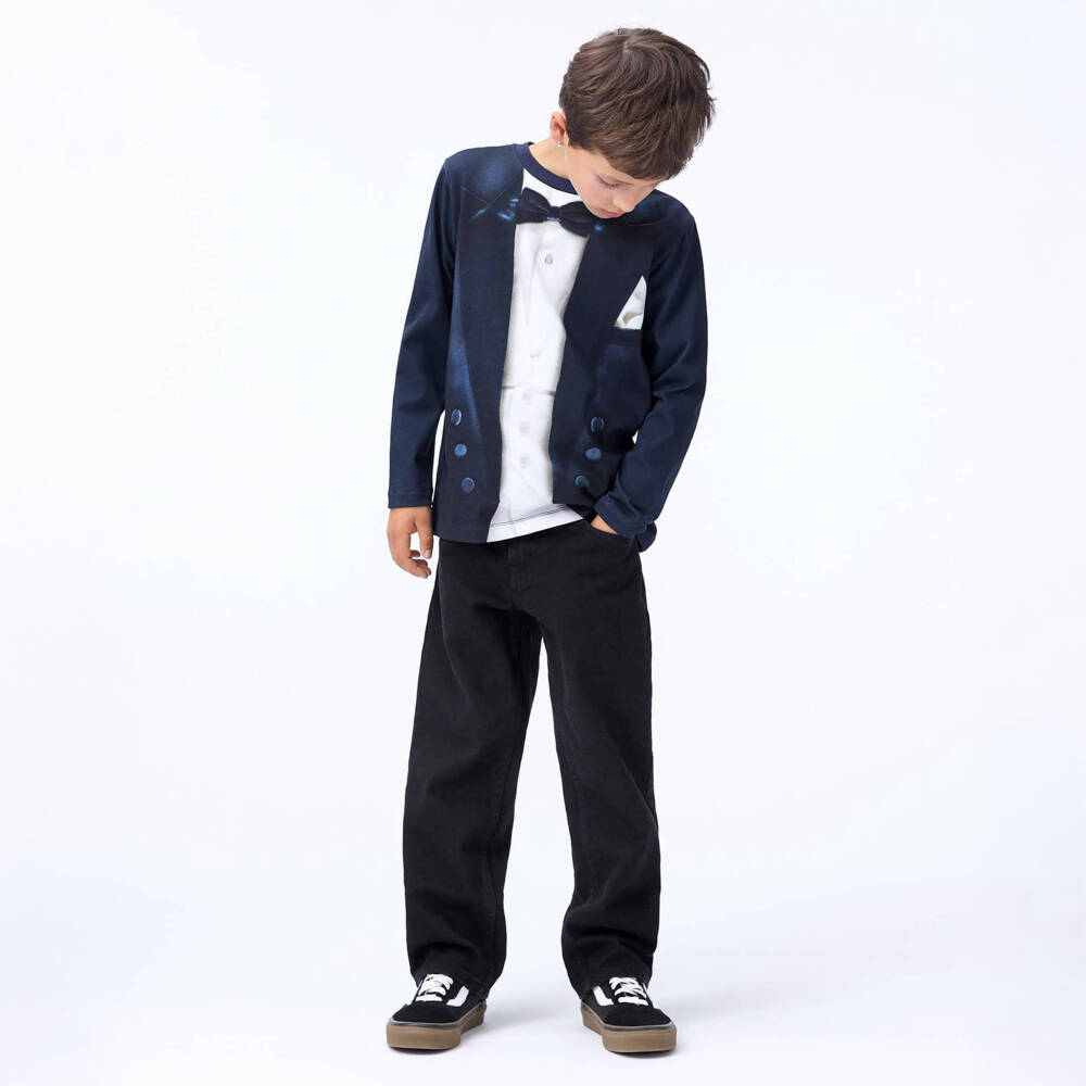 Molo-Boys Navy Blue Cotton Tuxedo Print Top | Childrensalon Outlet