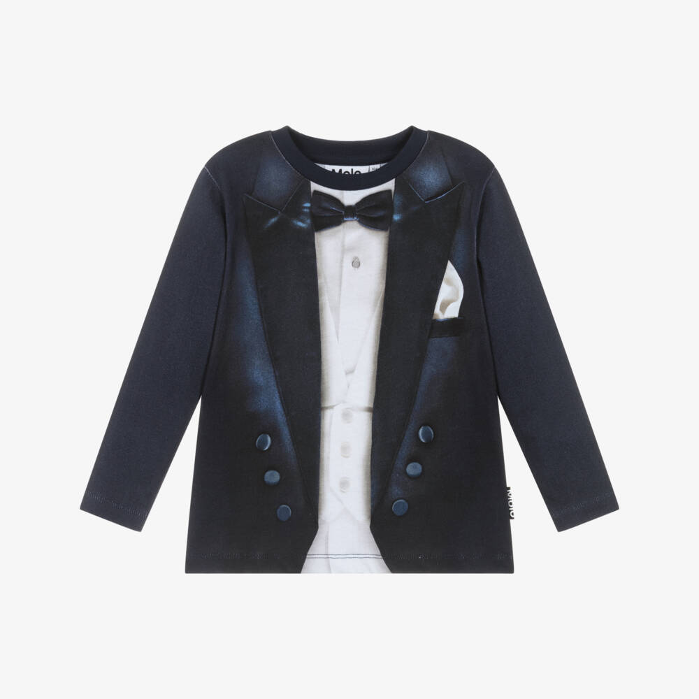 Molo-Boys Navy Blue Cotton Tuxedo Print Top | Childrensalon Outlet