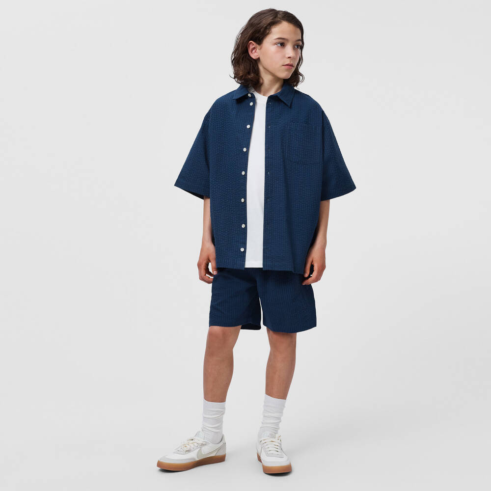 Molo-Boys Navy Blue Organic Cotton Seersucker Shirt | Childrensalon Outlet