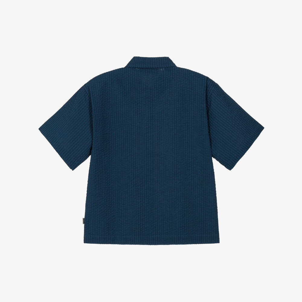 Molo-Boys Navy Blue Organic Cotton Seersucker Shirt | Childrensalon Outlet