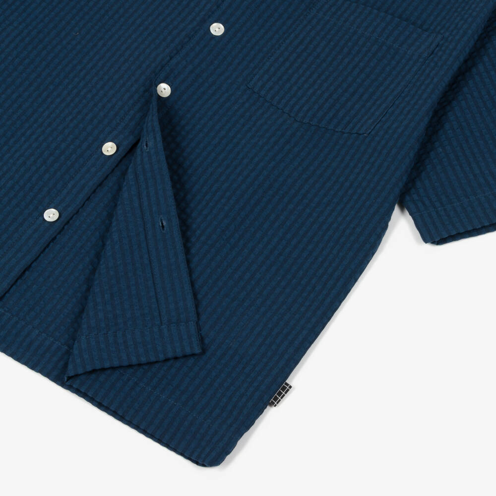 Molo-Boys Navy Blue Organic Cotton Seersucker Shirt | Childrensalon Outlet