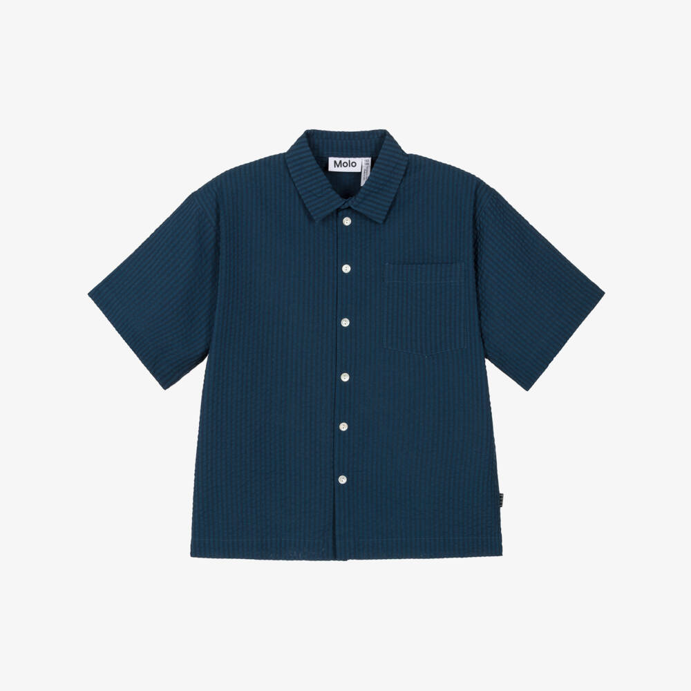 Molo-Boys Navy Blue Organic Cotton Seersucker Shirt | Childrensalon Outlet