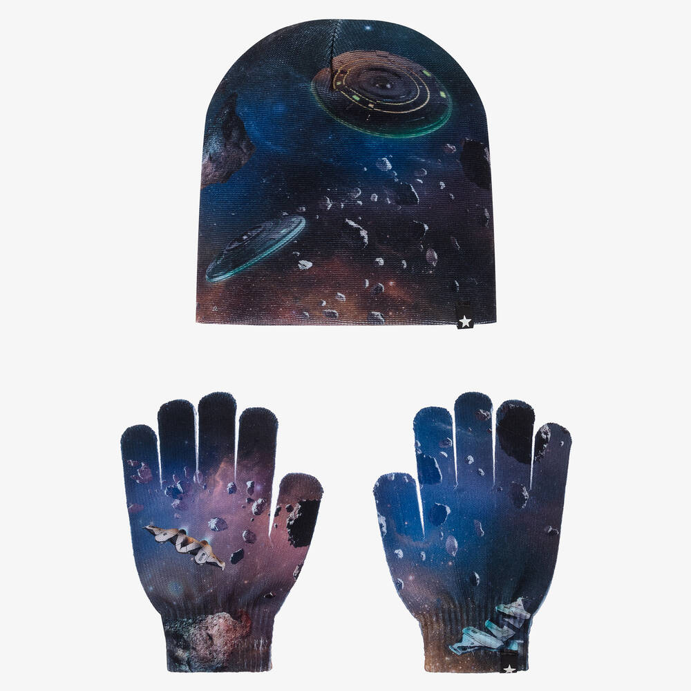 Molo - Set mit navyblauer Mütze und Handschuhen mit UFO-Motiv für Jungen | Childrensalon