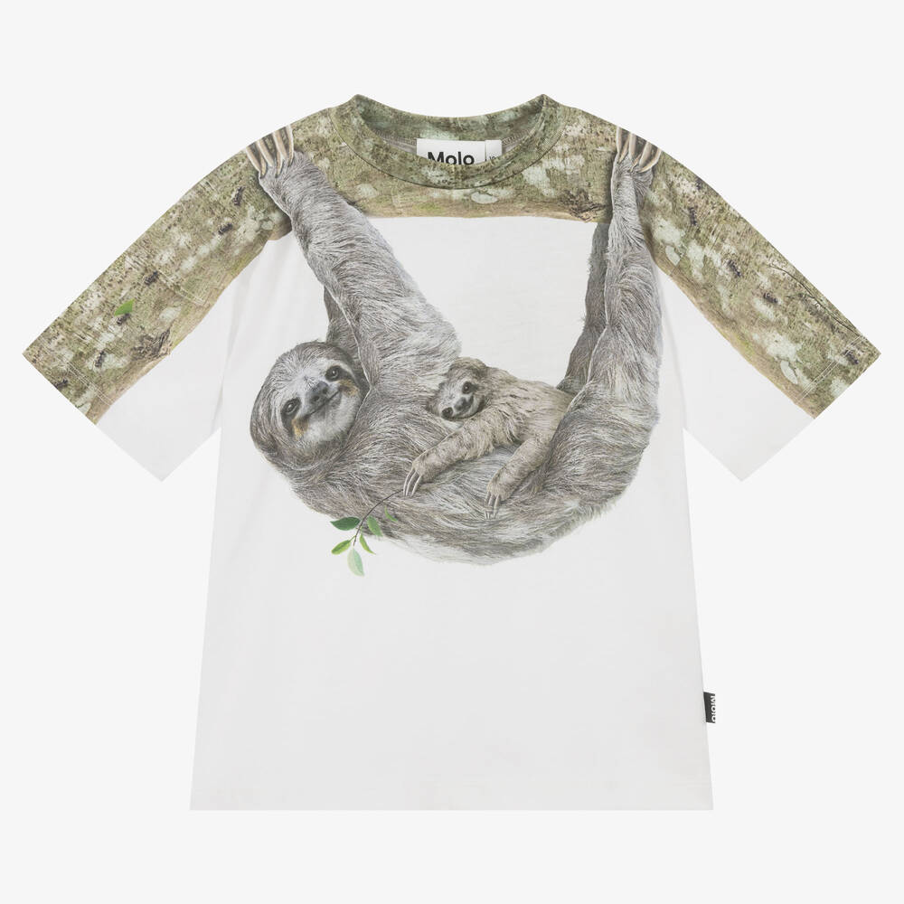 Molo - T-shirt blanc gris paresseux garçon | Childrensalon