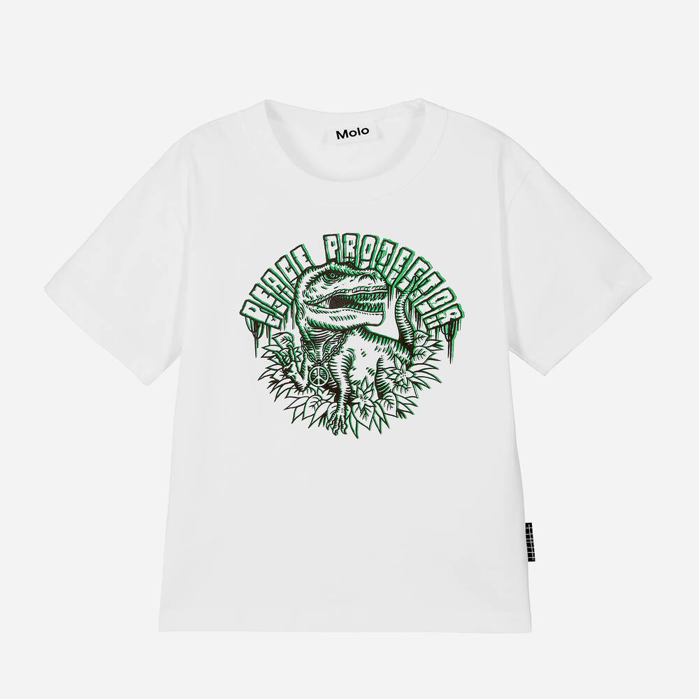 Molo - Boys White Organic Cotton Dinosaur T-Shirt | Childrensalon
